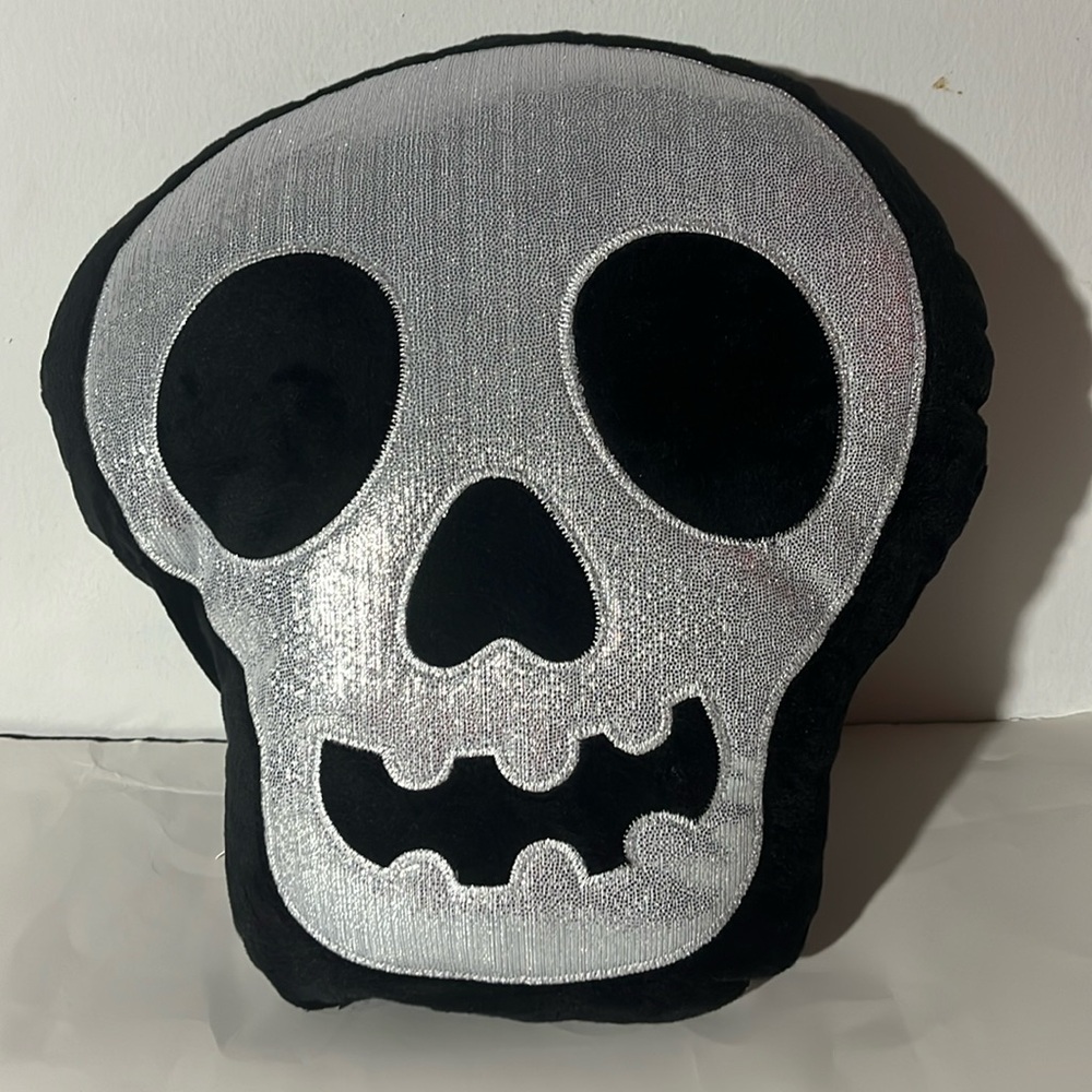 Halloween Black & Silver Skull Pillow 14”H x 13”W